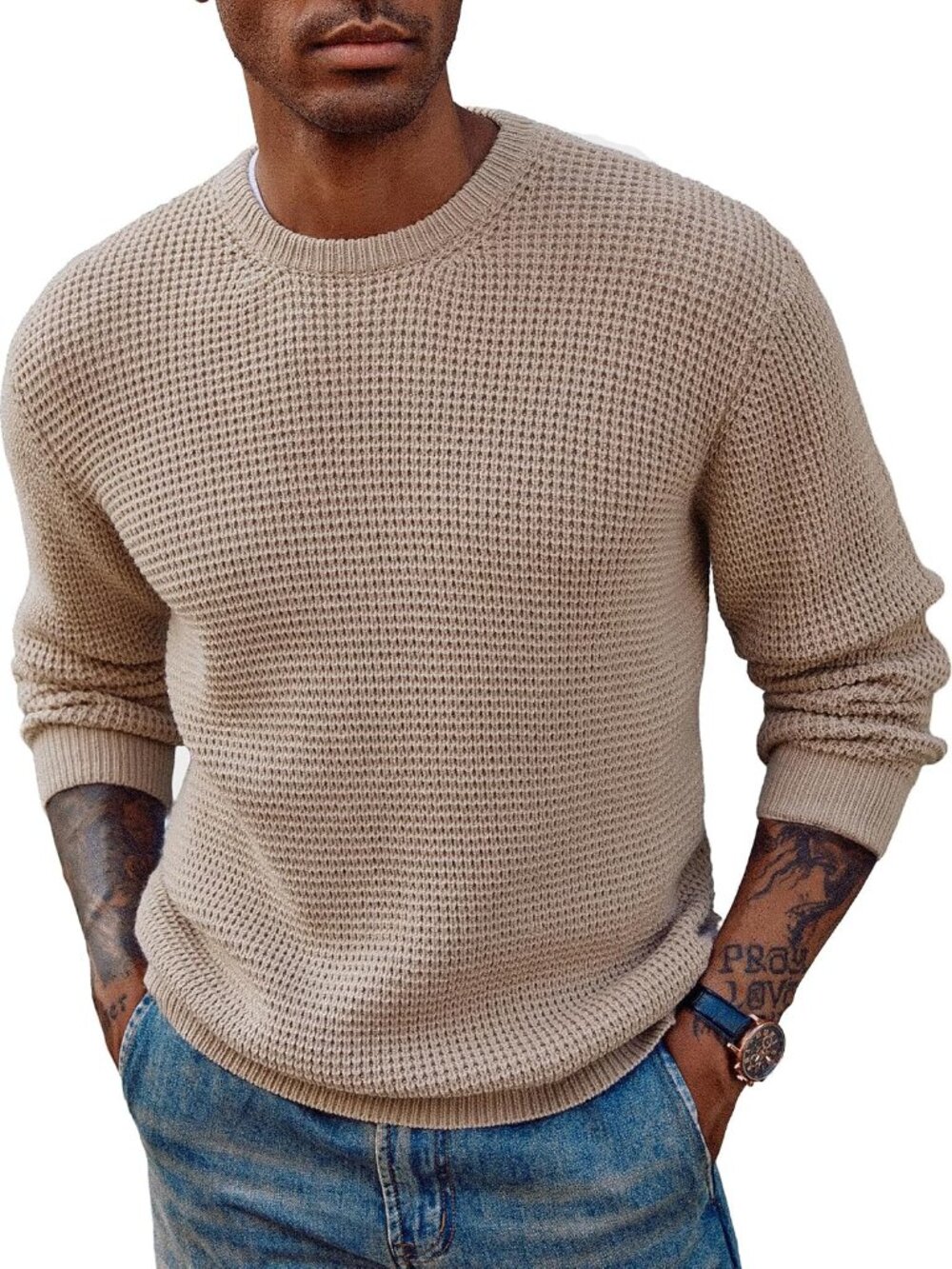 Mens Waffle Knit Sweaters Casual Crewneck Pullover Sweaters